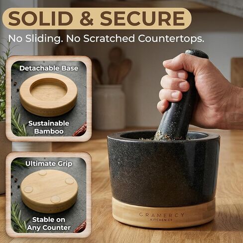 Gramercy Mortar and Pestle Set – Heavy Duty Granite Stone Grinder with Stable Bamboo Base, Extra Long Pestle & Cleaning Brush - Ideal Guacamole Bowl, Herb Grinder & Molcajete Bowl, 1.5-Cup in Kuwait