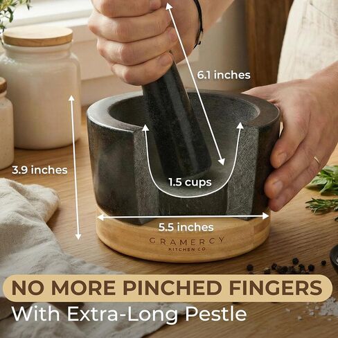 Gramercy Mortar and Pestle Set – Heavy Duty Granite Stone Grinder with Stable Bamboo Base, Extra Long Pestle & Cleaning Brush - Ideal Guacamole Bowl, Herb Grinder & Molcajete Bowl, 1.5-Cup in Kuwait