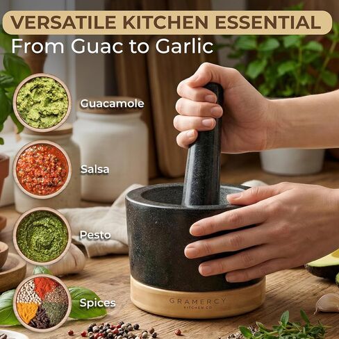 Gramercy Mortar and Pestle Set – Heavy Duty Granite Stone Grinder with Stable Bamboo Base, Extra Long Pestle & Cleaning Brush - Ideal Guacamole Bowl, Herb Grinder & Molcajete Bowl, 1.5-Cup in Kuwait