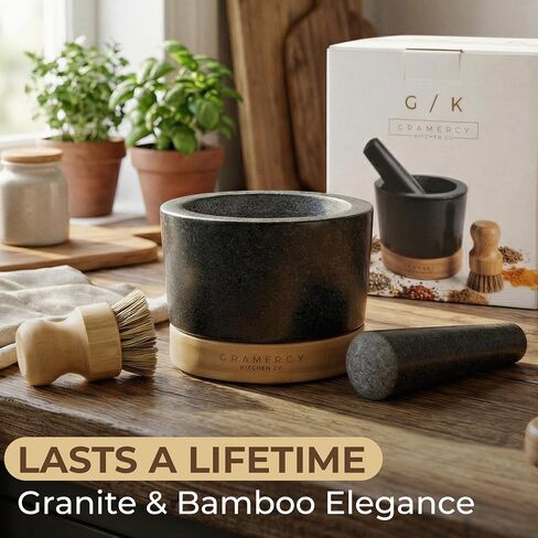 Gramercy Mortar and Pestle Set – Heavy Duty Granite Stone Grinder with Stable Bamboo Base, Extra Long Pestle & Cleaning Brush - Ideal Guacamole Bowl, Herb Grinder & Molcajete Bowl, 1.5-Cup in Kuwait