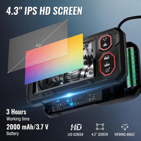 WORKPRO 4.3-Inch Rechargeable Industrial Endoscope Camera, IP67 Waterproof 1920P HD Dual Lens Borescope with 9 Adjustable LEDs, Inspection Camera with 16.4 ft Semi Rigid Cable in Kuwait