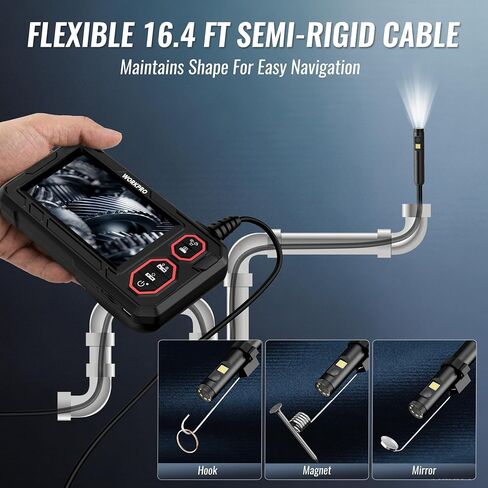 WORKPRO 4.3-Inch Rechargeable Industrial Endoscope Camera, IP67 Waterproof 1920P HD Dual Lens Borescope with 9 Adjustable LEDs, Inspection Camera with 16.4 ft Semi Rigid Cable in Kuwait