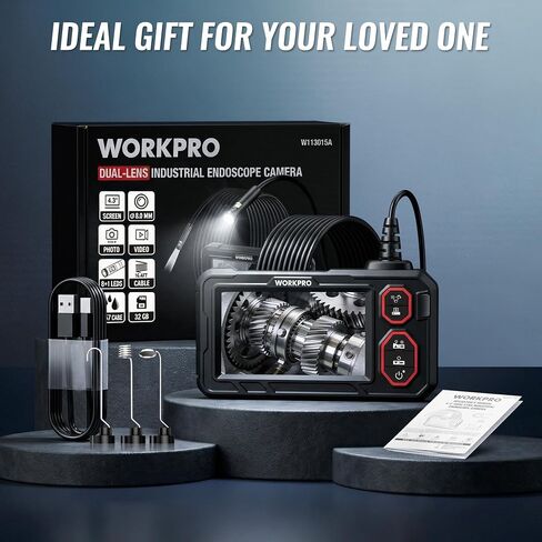 WORKPRO 4.3-Inch Rechargeable Industrial Endoscope Camera, IP67 Waterproof 1920P HD Dual Lens Borescope with 9 Adjustable LEDs, Inspection Camera with 16.4 ft Semi Rigid Cable in Kuwait