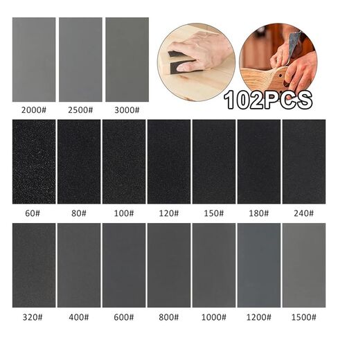 102Pcs Wet Dry Sandpaper Assortment Abrasive Paper Sheets 60 to 3000 Grit for Automotive Sanding Wood Furniture Finishing in Kuwait