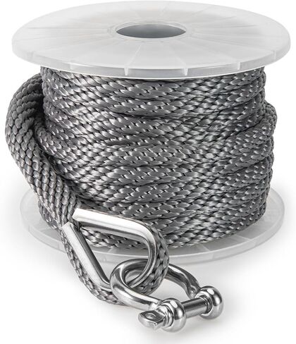 Boat Anchor Rope 3/8 Inch x 50ft Premium Braided MFP Dock Line with Stainless Steel Thimble & Shackle Boat Mooring Line for Sailboats, Yachts, Fishing Boats - Gray in Kuwait
