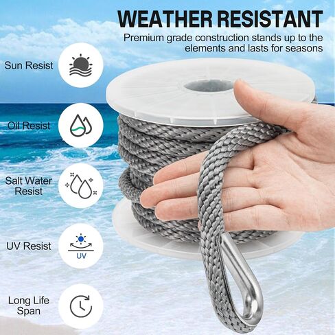 Boat Anchor Rope 3/8 Inch x 50ft Premium Braided MFP Dock Line with Stainless Steel Thimble & Shackle Boat Mooring Line for Sailboats, Yachts, Fishing Boats - Gray in Kuwait