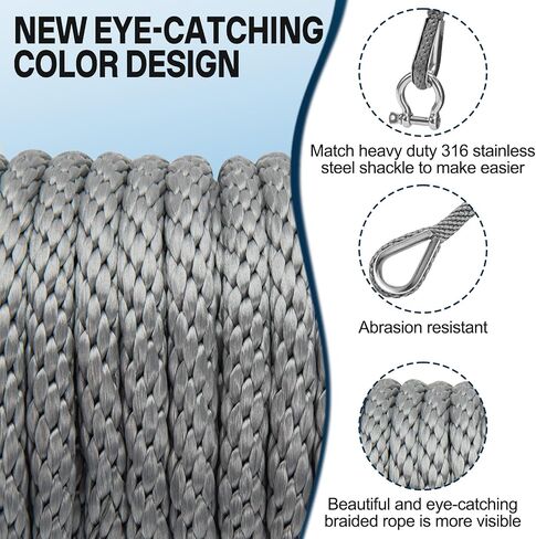 Boat Anchor Rope 3/8 Inch x 50ft Premium Braided MFP Dock Line with Stainless Steel Thimble & Shackle Boat Mooring Line for Sailboats, Yachts, Fishing Boats - Gray in Kuwait