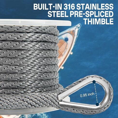 Boat Anchor Rope 3/8 Inch x 50ft Premium Braided MFP Dock Line with Stainless Steel Thimble & Shackle Boat Mooring Line for Sailboats, Yachts, Fishing Boats - Gray in Kuwait