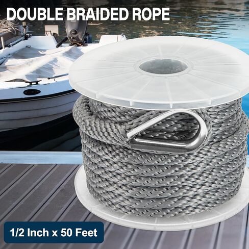 Boat Anchor Rope 3/8 Inch x 50ft Premium Braided MFP Dock Line with Stainless Steel Thimble & Shackle Boat Mooring Line for Sailboats, Yachts, Fishing Boats - Gray in Kuwait