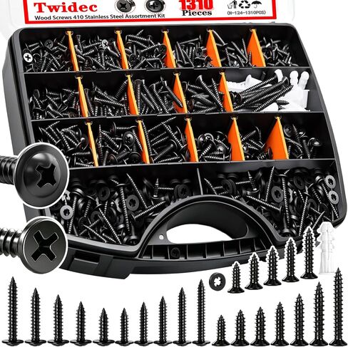 Twidec/1310PCS Wood Screws 410 Stainless Steel Assortment Kit,#6#8#10 Phillips Truss Head＆Flat Head Wood Screws,High Hardness Black Self Tapping Screws 1/2" to 2"For Indoor Furniture,Woodworking in Kuwait