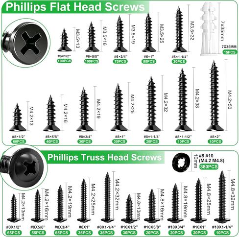 Twidec/1310PCS Wood Screws 410 Stainless Steel Assortment Kit,#6#8#10 Phillips Truss Head＆Flat Head Wood Screws,High Hardness Black Self Tapping Screws 1/2" to 2"For Indoor Furniture,Woodworking in Kuwait
