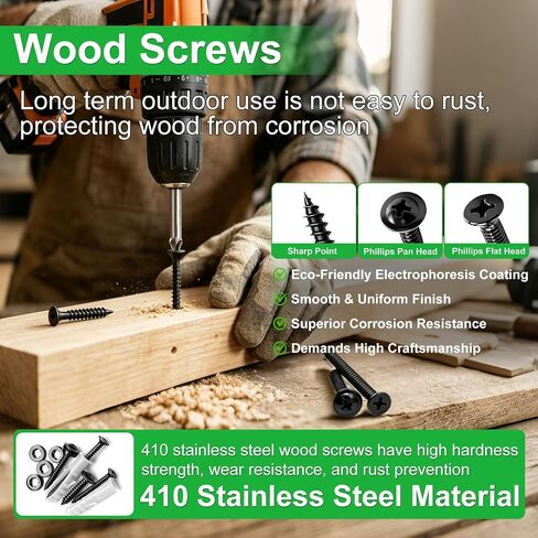 Twidec/1310PCS Wood Screws 410 Stainless Steel Assortment Kit,#6#8#10 Phillips Truss Head＆Flat Head Wood Screws,High Hardness Black Self Tapping Screws 1/2" to 2"For Indoor Furniture,Woodworking in Kuwait