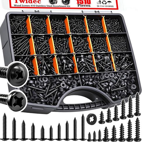 Twidec/1310PCS Wood Screws 410 Stainless Steel Assortment Kit,#6#8#10 Phillips Truss Head＆Flat Head Wood Screws,High Hardness Black Self Tapping Screws 1/2" to 2"For Indoor Furniture,Woodworking in Kuwait