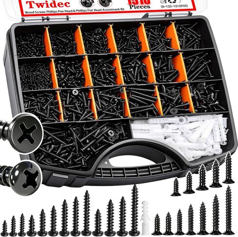 Twidec/1310PCS Wood Screws 410 Stainless Steel Assortment Kit,#6#8#10 Phillips Truss Head＆Flat Head Wood Screws,High Hardness Black Self Tapping Screws 1/2" to 2"For Indoor Furniture,Woodworking in Kuwait