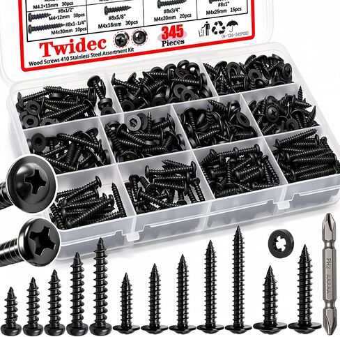 Twidec/1310PCS Wood Screws 410 Stainless Steel Assortment Kit,#6#8#10 Phillips Truss Head＆Flat Head Wood Screws,High Hardness Black Self Tapping Screws 1/2" to 2"For Indoor Furniture,Woodworking in Kuwait