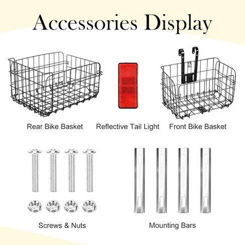 Zhengmy Folding Bike Basket Set of 2 Front and Rear, Large Capacity Metal Wire Bicycle Basket Quick Release Cargo Rack with Reflective Light, Collapsible Bike Storage for Commuting Shopping Pets in Kuwait