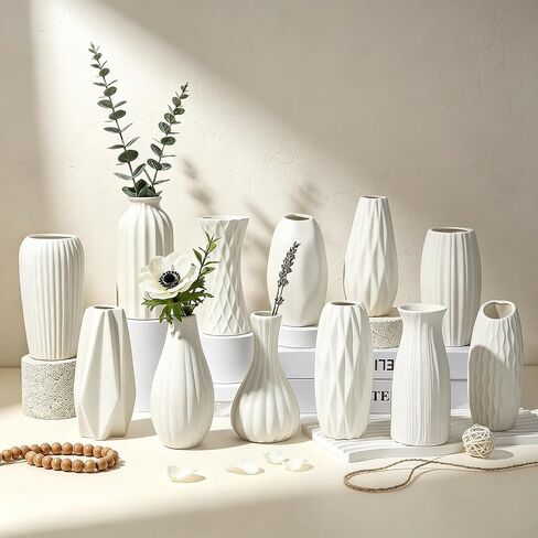 Beahot Ceramic Bud المزهريات مجموعة من 12 - Matte Mini White Jars Bulk | المزهريات الخزفية البيضاء الصغيرة للقطاعات المركزية ، وترتيبات زفاف الزفاف ، وحرف DIY وديكور طاولة بوهو (لا تصاميم متكررة) in Kuwait