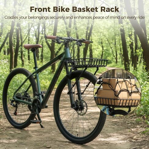 Front Bike Basket Rack, Large Aluminum Alloy Front Bicycle Basket with Struts, Cargo Net, and Hardware, 11-15.4" Adjustable Support Legs, Fits 26-29 in Bicycles in Kuwait