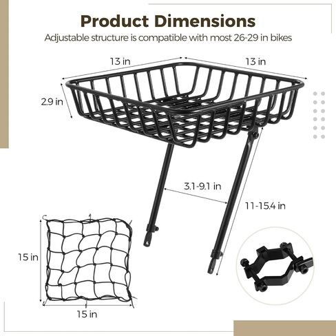 Front Bike Basket Rack, Large Aluminum Alloy Front Bicycle Basket with Struts, Cargo Net, and Hardware, 11-15.4" Adjustable Support Legs, Fits 26-29 in Bicycles in Kuwait
