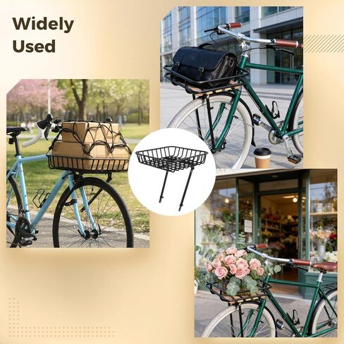 Front Bike Basket Rack, Large Aluminum Alloy Front Bicycle Basket with Struts, Cargo Net, and Hardware, 11-15.4" Adjustable Support Legs, Fits 26-29 in Bicycles in Kuwait
