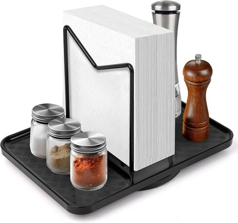 Rotating Napkin Holder for Table, Bamboo Standing Napkin Dispenser with Salt Pepper Shakers Caddy, Black Metal Paper Napkin Holders for Kitchen Dining Table Farmhouse Decor, Shakers Not Included in Kuwait