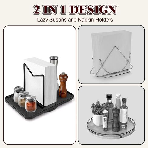 Rotating Napkin Holder for Table, Bamboo Standing Napkin Dispenser with Salt Pepper Shakers Caddy, Black Metal Paper Napkin Holders for Kitchen Dining Table Farmhouse Decor, Shakers Not Included in Kuwait