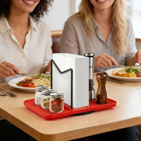 Rotating Napkin Holder for Table, Bamboo Standing Napkin Dispenser with Salt Pepper Shakers Caddy, Black Metal Paper Napkin Holders for Kitchen Dining Table Farmhouse Decor, Shakers Not Included in Kuwait