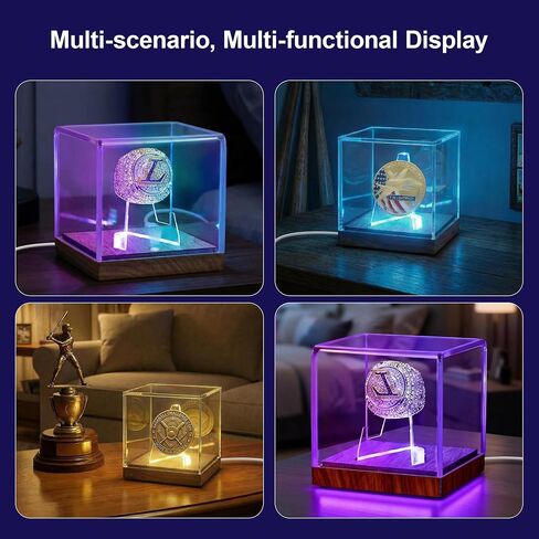 علبة عرض حلقة البطولة مع ضوء LED، 4 نماذج إضاءة | حامل حلقة مضيئة بـ 7 ألوان، حافظة عرض محمية من الأشعة فوق البنفسجية، قاعدة خشبية وغطاء أكريليك شفاف، صندوق عرض هدايا لعشاق الرياضة in Kuwait