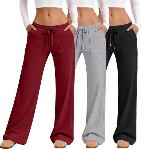 Neer 3 Pack Women's Wide Leg Sweatpants Low Rise Lounge Pants Casual Drawstring Elastic Loose Fit Sweat Pants with Pockets in Kuwait