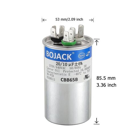 BOJACK 20/10 uF 20+10 MFD 370/440 VAC CBB65B Dual Run Start Round Capacitor for Condenser Straight Cool or Heat Pump Air Conditioner or AC Motor and Fan Starting in Kuwait