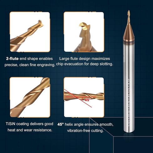 1 حزمة مطحنة نهاية كربيد 1/32 بوصة - 2 طلاء فلوت TiSiN بزاوية 45 درجة حلزونية لقمة مطحنة نهاية CNC 1/8 بوصة قطع L، 1-1/2 بوصة L، ساق 1/8 بوصة - للألمنيوم والنحاس in Kuwait