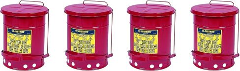 Justrite J09100 09100; Galvanized-Steel; Safety cans; for Oily Waste; Red; Foot Operated Cover; Raised, Ventilated Bottom; Reinforced Ribs; Self-Closing; UL Listed; FM Approved; Capacity (Pack of 4) in Kuwait