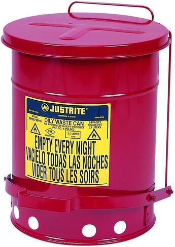 Justrite J09100 09100; Galvanized-Steel; Safety cans; for Oily Waste; Red; Foot Operated Cover; Raised, Ventilated Bottom; Reinforced Ribs; Self-Closing; UL Listed; FM Approved; Capacity (Pack of 4) in Kuwait