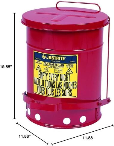 Justrite J09100 09100; Galvanized-Steel; Safety cans; for Oily Waste; Red; Foot Operated Cover; Raised, Ventilated Bottom; Reinforced Ribs; Self-Closing; UL Listed; FM Approved; Capacity (Pack of 4) in Kuwait