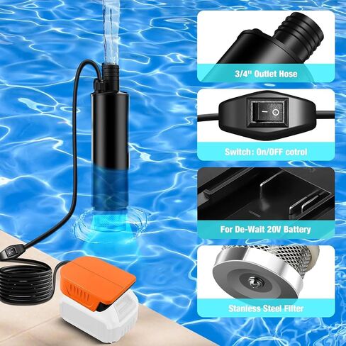 Water Pump for Dewalt 20V MAX Battery, Cordless Portable Sump Pump Submersible for Irrigat, Car Washing,Garden Watering in Kuwait