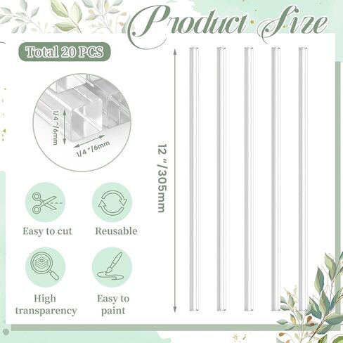 Junkin 20 Pcs Clear Acrylic Square Rods 1/4" x 1/4" x 12" Acrylicglass Plastic Rods, for LED Light Diffuser Strips, Display Stand Supports, Model Building, Home Decor, Aquarium Dividers in Saudi Arabia
