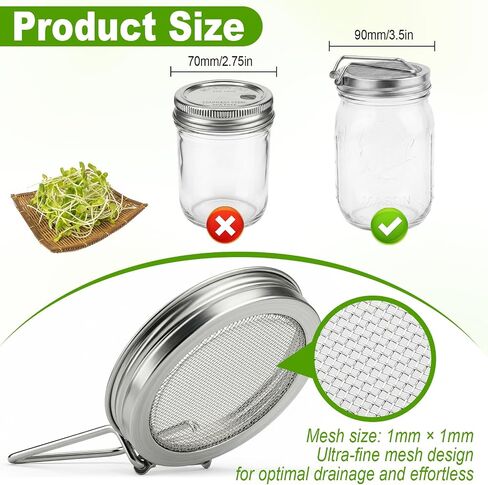 2 Pack Sprouting Lids for Wide Mouth Mason Jars - 304 Stainless Steel Sprout Jar Lids with Integrated Stand - Ultra-Fine Mesh Screen for Alfalfa, Broccoli, Mung Bean - Optimal Drainage & Ventilation in Saudi Arabia