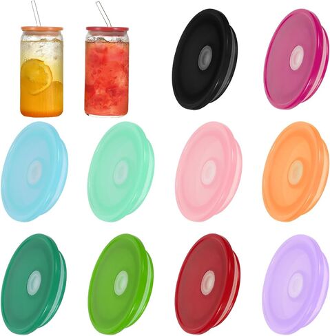 10 Pcs Acrylic Lids for 16oz Glass Cups, Colorful Replacement Lids for Tumblers, Spill-Proof Reusable Cup Lid with Straw Hole for Iced Coffee, Beer, Smoothie, Straw Hole Lid for Mason Jars in Kuwait