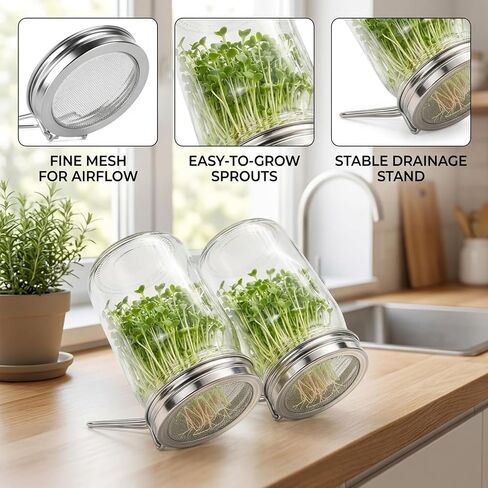 Sprouting Lids for Jars, 2 Pack Sprouting Jar Kit for Wide Mouth Jars, Stainless Steel Reusable One-Piece Sprout Lids, Sprouting Jar Lids for Organic Alfalfa Broccoli Seeds Mung Bean Plant Germination in Kuwait