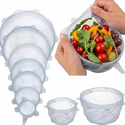 Reusable Silicone Stretch Lids, 6-Piece Food Storage Covers, Airtight & Leakproof Silicone Bowl Covers, BPA-Free, Microwave, Freezer & Dishwasher Safe for Bowls, Cups & Containers in Kuwait