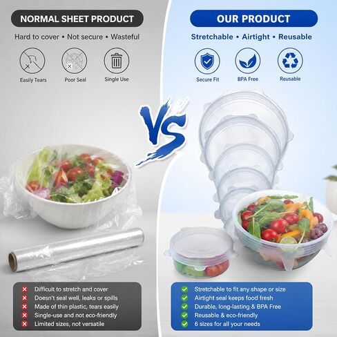 Reusable Silicone Stretch Lids, 6-Piece Food Storage Covers, Airtight & Leakproof Silicone Bowl Covers, BPA-Free, Microwave, Freezer & Dishwasher Safe for Bowls, Cups & Containers in Kuwait