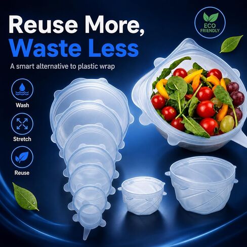 Reusable Silicone Stretch Lids, 6-Piece Food Storage Covers, Airtight & Leakproof Silicone Bowl Covers, BPA-Free, Microwave, Freezer & Dishwasher Safe for Bowls, Cups & Containers in Kuwait