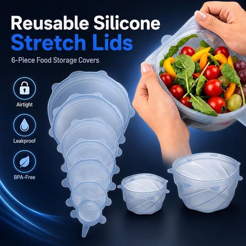 Reusable Silicone Stretch Lids, 6-Piece Food Storage Covers, Airtight & Leakproof Silicone Bowl Covers, BPA-Free, Microwave, Freezer & Dishwasher Safe for Bowls, Cups & Containers in Kuwait