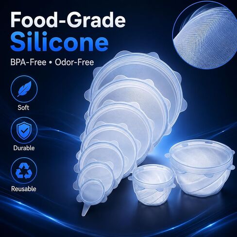 Reusable Silicone Stretch Lids, 6-Piece Food Storage Covers, Airtight & Leakproof Silicone Bowl Covers, BPA-Free, Microwave, Freezer & Dishwasher Safe for Bowls, Cups & Containers in Kuwait