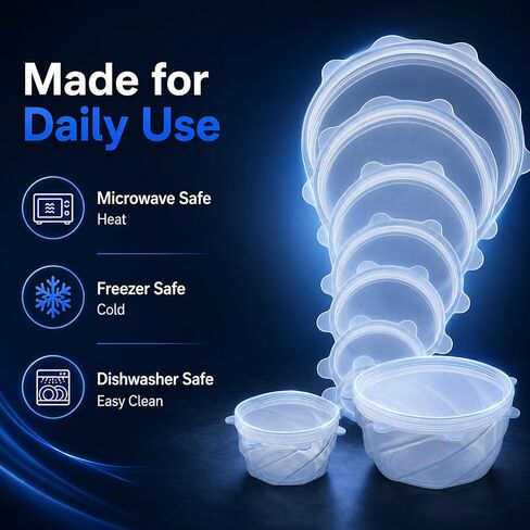 Reusable Silicone Stretch Lids, 6-Piece Food Storage Covers, Airtight & Leakproof Silicone Bowl Covers, BPA-Free, Microwave, Freezer & Dishwasher Safe for Bowls, Cups & Containers in Kuwait