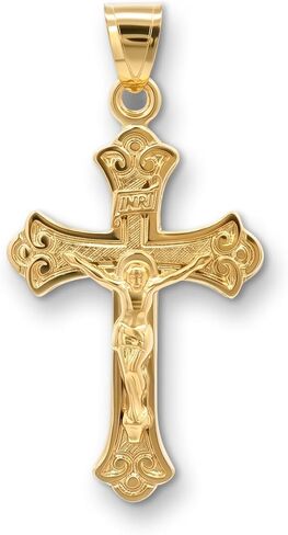 Cross+Crown Premium 14K Gold Ornate Crucifix Necklace for Women & Men, Durable Double-Bonded 14K Yellow Gold Crucifix to Avoid Tarnishing, Authentic Ornate Crucifix Pendant for Men & Women with Premium Jewelry Box, Handcrafted in the USA in Saudi Arabia