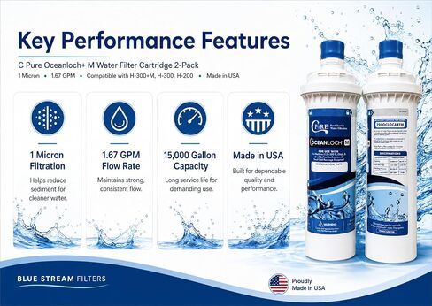 خرطوشة فلتر مياه C Pure Oceanloch+ M مكونة من قطعتين - 1 ميكرون، 1.67 جالون في الدقيقة - متوافقة مع أنظمة Ice-O-Matic IOMQ، IFQ1، IFQ2 - مرشحات بديلة لتقليل الطعم والرائحة الكريهة in Kuwait