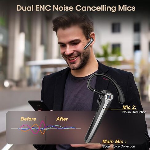 سماعة رأس Bluetooth ، سماعة أذن Bluetooth اللاسلكية مع ميكروفون لإلغاء الضوضاء في ENC ، سماعات أذن واحدة ، أذن خالية من اليدين للماء للأعمال/السائق ، HEI in Kuwait