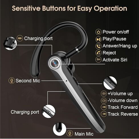 سماعة رأس Bluetooth ، سماعة أذن Bluetooth اللاسلكية مع ميكروفون لإلغاء الضوضاء في ENC ، سماعات أذن واحدة ، أذن خالية من اليدين للماء للأعمال/السائق ، HEI in Kuwait