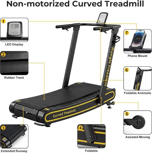 Curved Treadmill with Non-Electric Motorized, Rubber Track and Non-Slip, Foldable Self-Propelled Treadmill with LED Display for Home, Running Training, No Assembly Required 350LBS in Kuwait